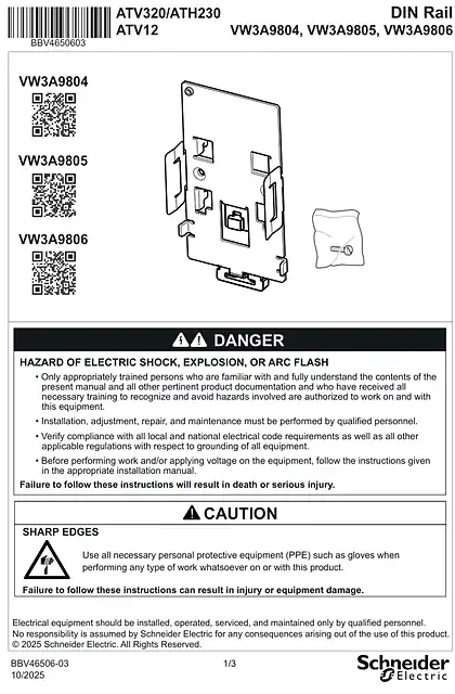 schneider施耐德Instruction sheet Rail din kit - VW3A9804...806